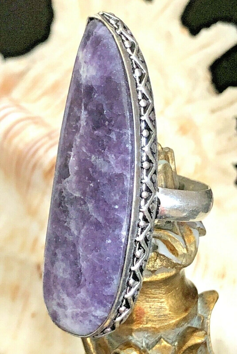 LARGE 1 78 Purple Lepidolite Gemstone Statement Ring Teardrop .925 Sterling Silver Size 7