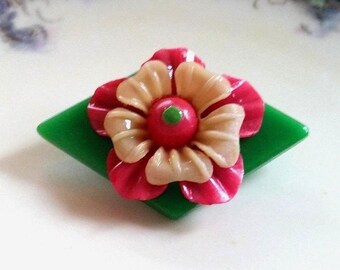 Flower Brooch Pin Upcycled Repurposed Vintage Lucite Button & Lucite Buckle 2"