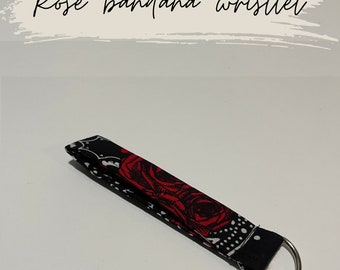 Black and red rose bandana print  wristlet keychain gift car keys holder backpack accessory