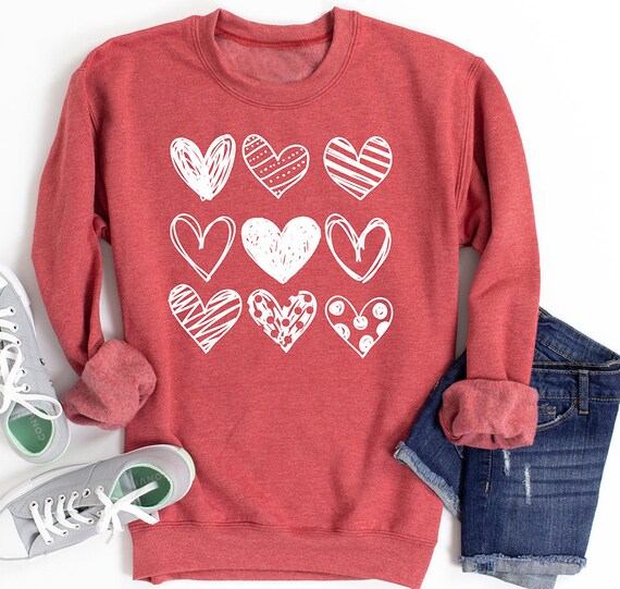 Womens Sketched Stacked HEARTS Valentines Day Sweater | Etsy