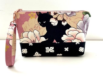 Floral Black Cat on Mauve Zipper Pouch with Wristlet