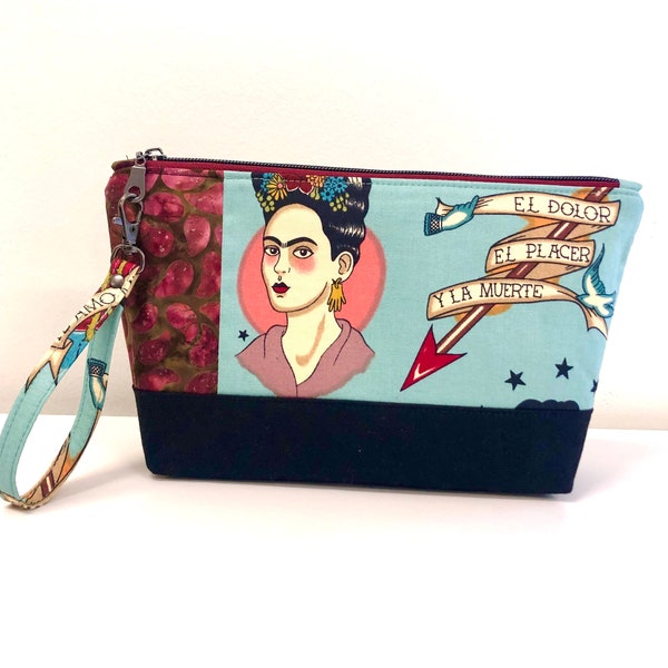 Large Frida Kahlo Zipper Pouch with Wristlet