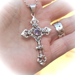 sterling silver cross pendant in Victorian style with amethyst including a chain