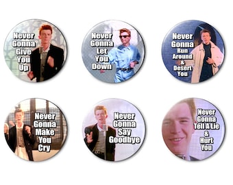 Set of 6 Rick Roll Meme Buttons (1.25 inch / 32mm)