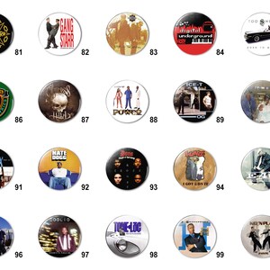 May include: A collection of 100 round buttons featuring album covers from various hip hop artists. The buttons are arranged in a grid of 10 rows and 10 columns. Each button has a different album cover, with artists such as Gang Starr, Digital Underground, Ice-T, and Too Short.