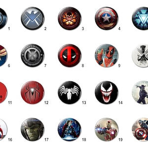 May include: Twenty round buttons featuring various Marvel characters, including Captain America, Iron Man, Spider-Man, Deadpool, and Wolverine. The buttons are arranged in a grid pattern on a white background.