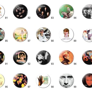 May include: A collection of 100 round button pins featuring album covers from various artists, including Queen, David Bowie, and Genesis. The buttons are arranged in a grid pattern on a white background.