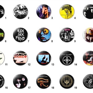 May include: Twenty black and white round buttons with various band logos and images. The buttons feature bands such as The Legendary Pink Dots, The Cramps, Alien Sex Fiend, Specimen, The Mission, and Sisters of Mercy.