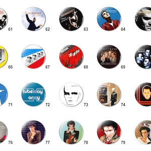 May include: A collection of 20 round button pins featuring various music artists and bands, including The Smiths, Morrissey, Kraftwerk, and Tubeway Army. The pins are arranged in a grid pattern on a white background.