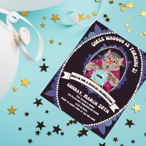 May include: A purple and black birthday invitation with a cartoon illustration of an owl holding a crystal ball. The text on the invitation reads "Guess whooo is turning 2!" and "Join us for a magical celebration Sunday, March 20th".