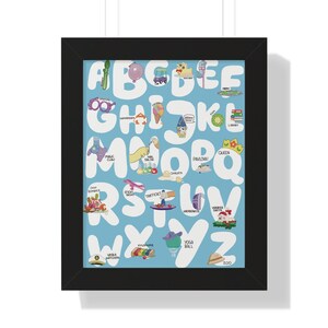 May include: A colorful alphabet chart with illustrations for each letter. The letters are large and white with a blue background. The illustrations include a variety of objects, such as a golf club, a nail salon, a queen, a yoga ball, and a zoo.