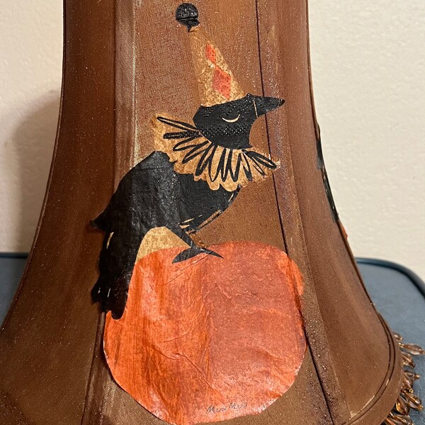 Halloween Lampshade Vtg Black Gold Party Crow Pumpkin Crystal Orange Decoration Rustic Upcycle Decoupage Spooky Handmade USA Repurpose