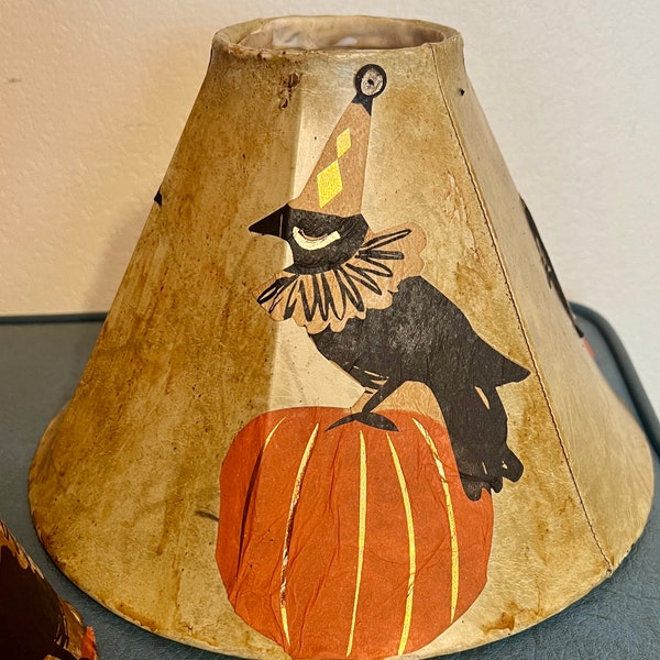 Halloween Lampshade Vtg  Black Gold Crow Pumpkin Decoration Rustic Upcycle Decoupage Spooky Handmade USA Repurpose