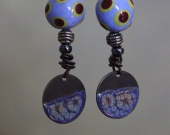 Baby Blue porcelain sphere with dark rust and yellow highlight beaded copper earrings, copper and porcelain dangle earrings