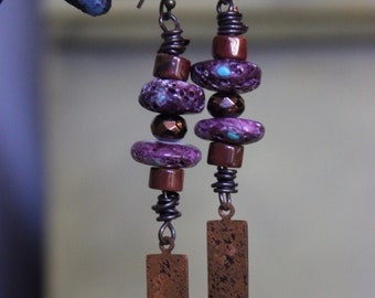 Spiny Oyster and Copper earrings with glass and Picasso Jasper beads, Mixed healing minerals dangling earrings, jasper and copper earrings