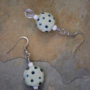 Sky blue dotted porcelain bead and mixed metal drop earrings, blue polka dot porcelain sphere with mixed metal drop earrings, blue earrings image 3