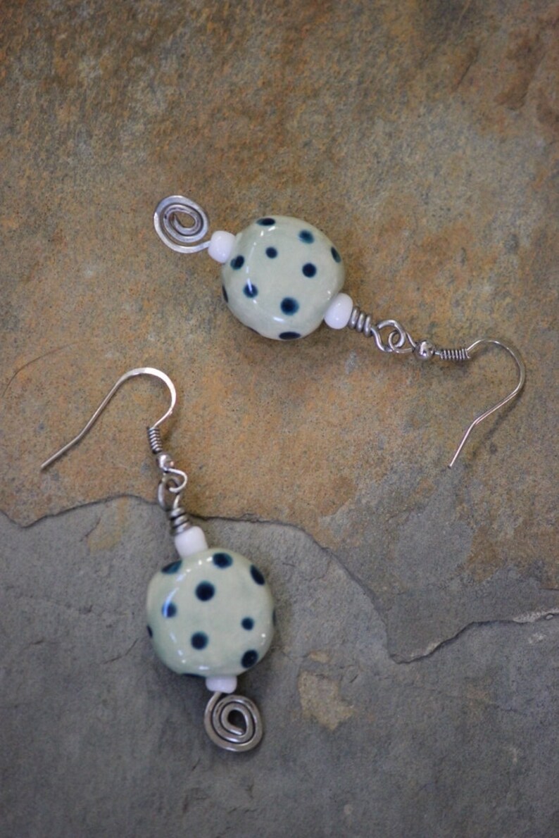 Sky blue dotted porcelain bead and mixed metal drop earrings, blue polka dot porcelain sphere with mixed metal drop earrings, blue earrings image 3