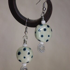 Sky blue dotted porcelain bead and mixed metal drop earrings, blue polka dot porcelain sphere with mixed metal drop earrings, blue earrings image 5