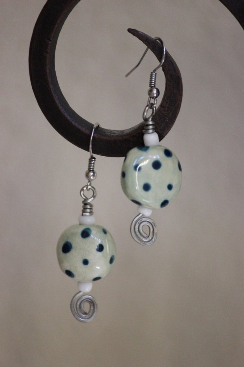 Sky blue dotted porcelain bead and mixed metal drop earrings, blue polka dot porcelain sphere with mixed metal drop earrings, blue earrings image 5