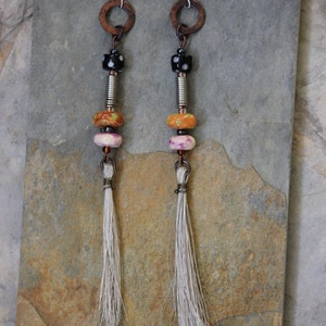 Mixed metal, copper and Porcelain Beads with Horsehair Earrings, mixed media earrings with horsehair, horsehair infused dangle earrings