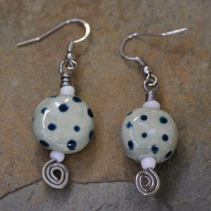 Sky blue dotted porcelain bead and mixed metal drop earrings, blue polka dot porcelain sphere with mixed metal drop earrings, blue earrings image 1