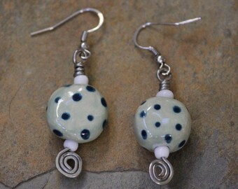 Sky blue dotted porcelain bead  and mixed metal drop earrings, blue polka dot porcelain sphere with mixed metal drop earrings, blue earrings