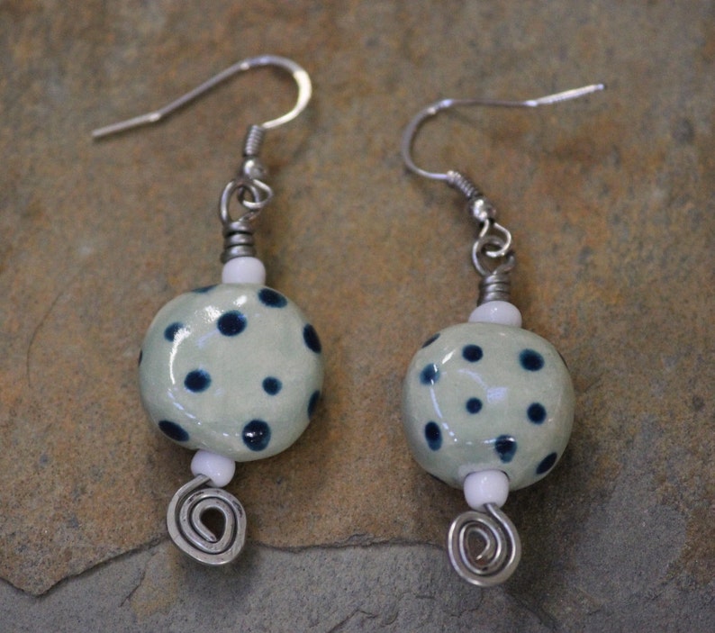 Sky blue dotted porcelain bead and mixed metal drop earrings, blue polka dot porcelain sphere with mixed metal drop earrings, blue earrings image 1