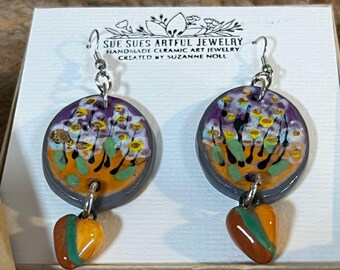 Handmade porcelain earrings, gold luster earrings, Bobo earrings, drop earrings, gold heart earrings, porcelain heart earring, OOAK earrings