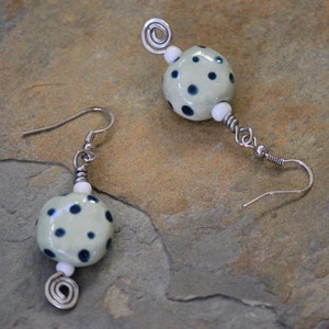 Sky blue dotted porcelain bead and mixed metal drop earrings, blue polka dot porcelain sphere with mixed metal drop earrings, blue earrings image 2