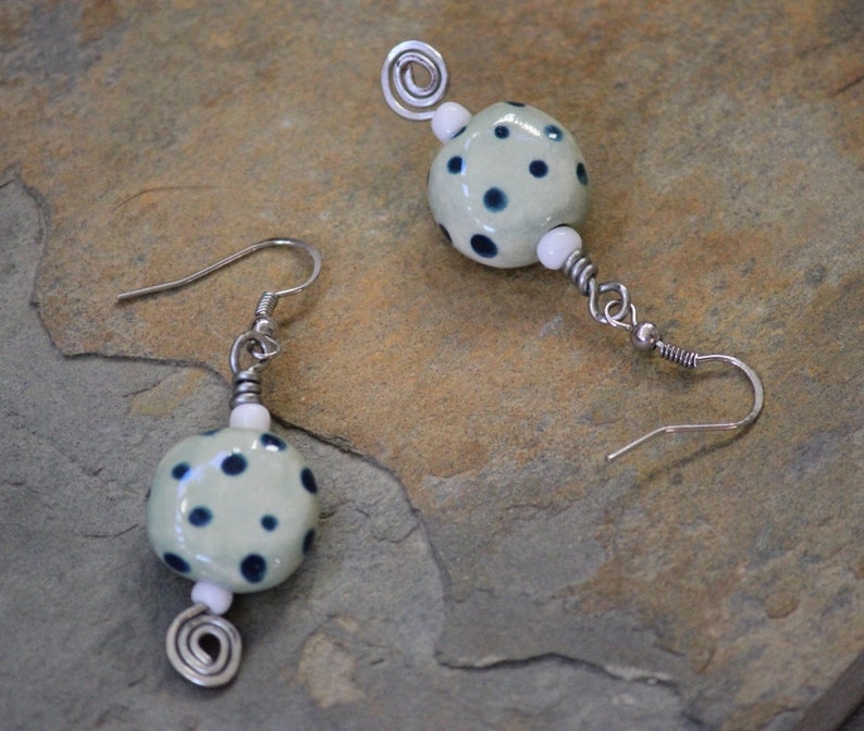 Sky blue dotted porcelain bead and mixed metal drop earrings, blue polka dot porcelain sphere with mixed metal drop earrings, blue earrings image 2