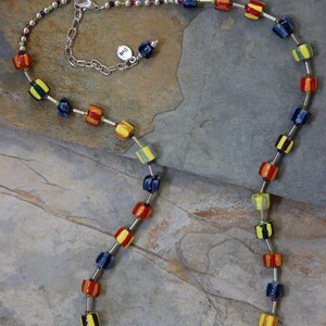 Colorful Mixed Media Beaded Adjustable Necklace, glass silver tubed and colorful striped porcelain beaded necklace