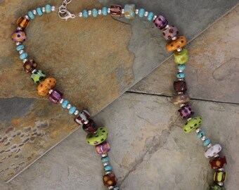 Whimsical Handmade Porcelain and Turquoise Colorful Beaded Necklace N-0110