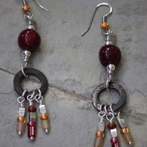Moroon Porcelain and multi colored glass Beaded Earrings with copper sphere, industrial beaded and copper dangle earrings, Whimsy earrings