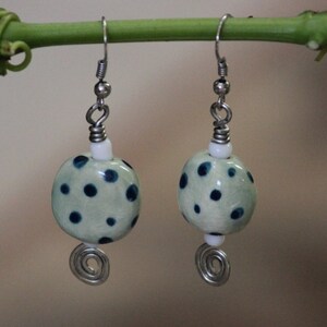 Sky blue dotted porcelain bead and mixed metal drop earrings, blue polka dot porcelain sphere with mixed metal drop earrings, blue earrings image 4