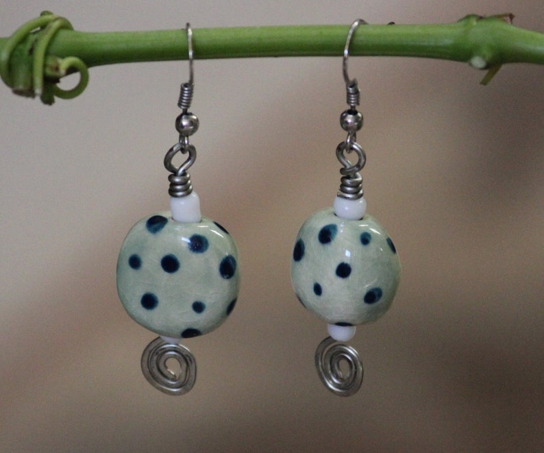 Sky blue dotted porcelain bead and mixed metal drop earrings, blue polka dot porcelain sphere with mixed metal drop earrings, blue earrings image 4