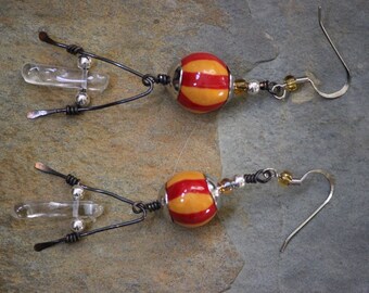 Red and Gold Striped Porcelain and Crystal Earrings, Copper Porcelain and Crystal Dangle Earrings,