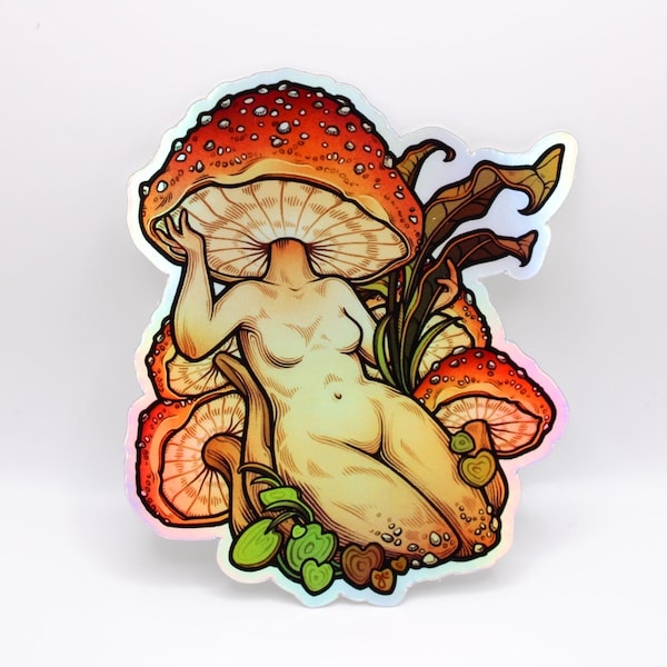 Mushroom Sticker, Holographic Vinyl Sticker