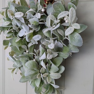 Simple, elegant, heart shaped lambs ear wreath, a great all seasons year-round wreath