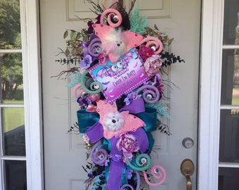 Fall swag for front door, Pink and Purple Halloween wreath, XL front door wreath, SMorgans Studio
