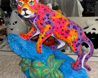 1990’s style hunter leopard neon colors re done on a large vintage ceramic black light accents
