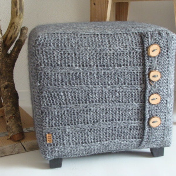 Footstool or side table; grey knitted with birch wooden buttons.