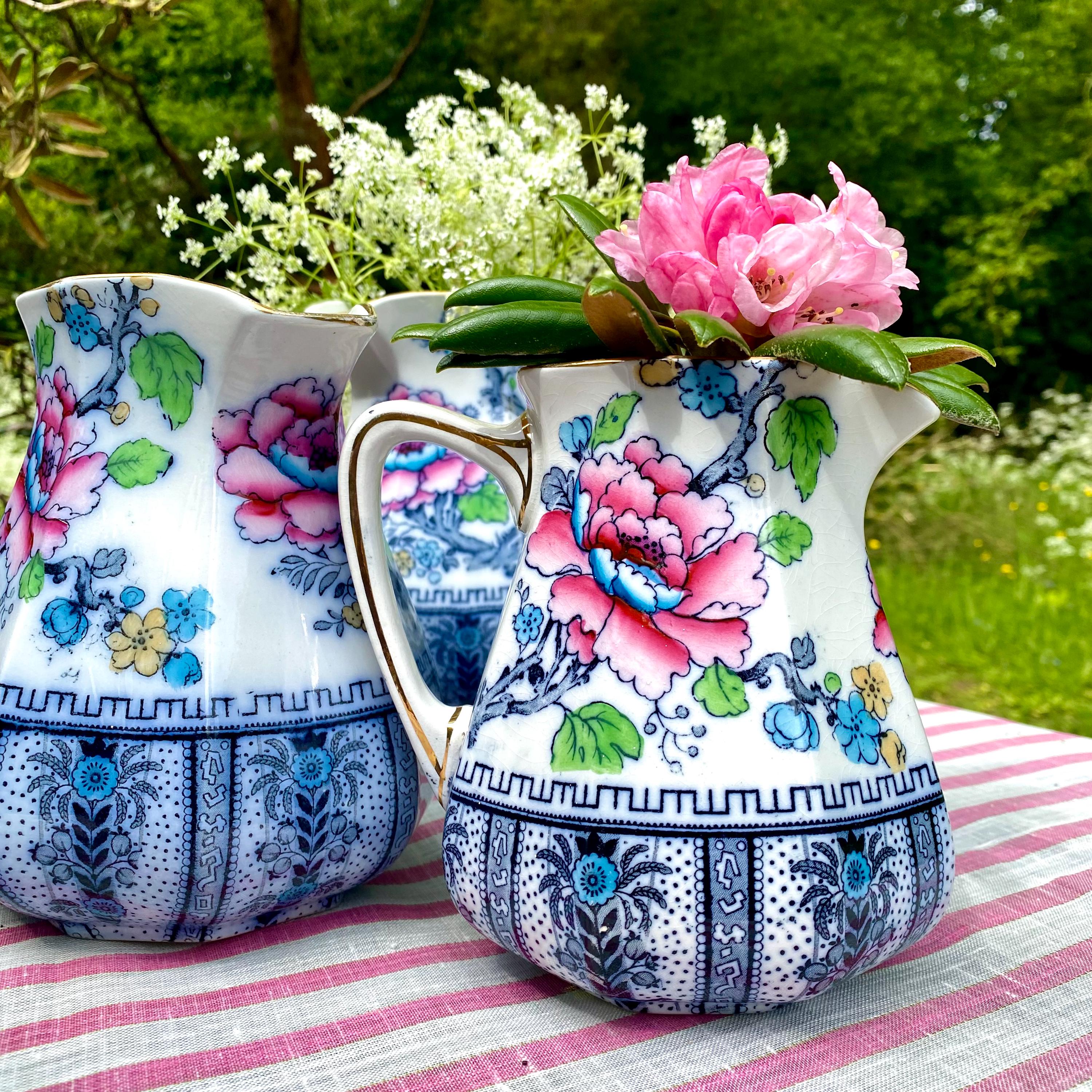  BURSLEM アンティーク食器 Vintage pink and blue floral jugs set by Burslem pottery in