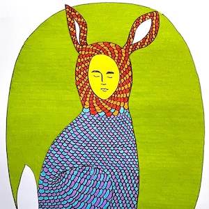 May include: A colorful illustration of a figure with a yellow face and a patterned hood with long ears. The figure is seated on a green background and has a body covered in blue and purple scales. The artwork is signed "BOZANI .26".