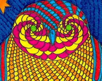 Colourful Little Owl (2026) | Original pen & ink on paper drawing by Robert Bohan artist