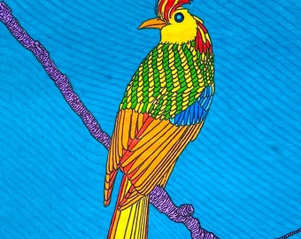 The Joyful Drongo Bird | Rainbow Racket-Tailed Drongo | Original Colourful Bird Ink Drawing | Contemporary Nature Art