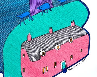 Pink Farmhouse and Golden Moon | Original Pen & Ink Original Drawing of a Rural Landscape | Moon Art by Robert Bohan
