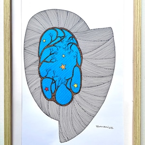 May include: Abstract art print in a wooden frame. The artwork features a blue central shape with tree-like branches and yellow and red star accents. The background is gray with black lines. Signed "BOIAN 22".