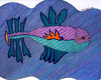 Original Fish Drawing, Colourful Fish Art, Hand Drawn Ink on Paper, Happy Fish Artwork, Ocean Wall Art, Unique Fish Illustration, Gift