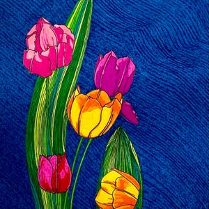 May include: A vibrant illustration of tulips in shades of pink, purple, yellow, and orange, set against a textured blue background. The flowers have green leaves and stems. The artwork has a hand-drawn style.