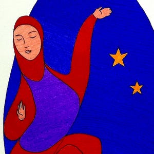 May include: Illustration of a person in a red outfit with a purple top, reaching towards two yellow stars on a blue background. The person is wearing a red head covering.